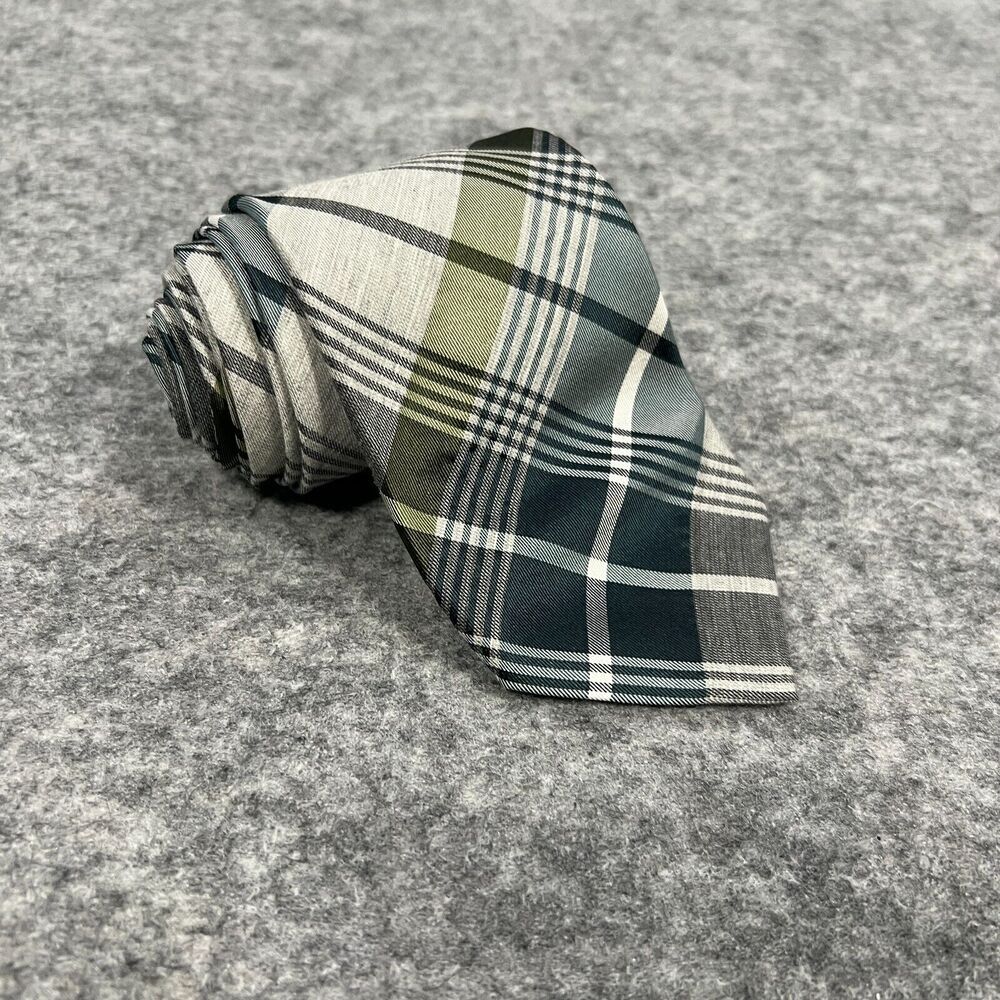 Alfani Tie Grey Plaid Silk Blend‎ Hand Made Necktie